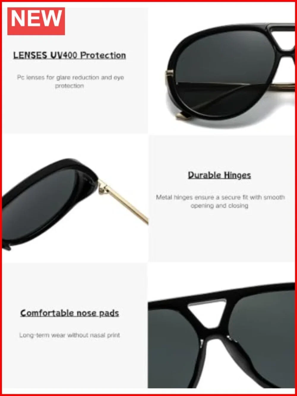 Oversized Retro Aviator Sunglasses UV400 Plastic Frame Women Men